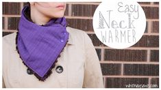 a woman wearing a purple neck warmer with the words easy neck warmer written below it