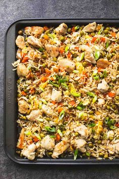 chicken and rice casserole in a baking pan