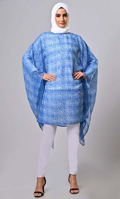 Blue Islamic Kaftan Printed Tunic - EastEssence.com Spring Long Sleeve Relaxed Fit Kaftan, Long Sleeve Beachwear Blouse With Relaxed Fit, Beachwear Long Sleeve Relaxed Fit Blouse, Relaxed Fit Long Sleeve Beachwear Blouse, Relaxed Fit Long Sleeve Cover-up For Vacation, Casual Tunic With Kimono Sleeves For Beach, Long Sleeve Beach Tunic For Spring, Casual Tunic Style Relaxed Fit Cover-up, Spring Beach Tunic With Long Sleeves