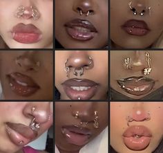 multiple images of different types of nose piercings on women's lips and noses