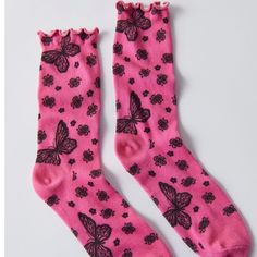 Printed Socks Featuring Icon Graphics Allover And Lettuce Edge Trim At The Cuff. Content + Care - 97% Polyester, 3% Spandex - Machine Wash - Imported Playful Pink Fitted Socks, Playful Fitted Pink Socks, Pink Socks For Spring, Casual Pink Socks For Summer, Cute Pink Spring Socks, Urban Outfitters Socks, Floral Tights, Printed Socks, Sheer Socks