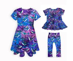 This handmade galaxy whale print dress is perfect for a birthday party or everyday play. It's made with high quality breathable fabric which makes it easy to wear all day long. CLOTHING STYLE OPTIONS: * Short Sleeve Twirl Dress with neckband * Peplum Top- Short or Long Sleeve with neckband * Leggings with elastic * Custom style not listed-please message me DESCRIPTION: *Kid's Sizes 3 months to Youth 12. *True to size. If the child is in between sizes, order the next size up *Neckband *Easy pullover style  *Available in t-shirt, peplum top, leggings (with elastic), or dresses. *Handmade, Professionally finished  MATERIAL DETAILS: *Light to medium weight *Made from soft, stretchy cotton/spandex knit (95% Cotton/5% Spandex) CARE INSTRUCTIONS:  *Machine wash cold *Dry on low or medium dryer se Fitted Short Sleeve Dresses For Playwear, Fitted Purple Dress For Playwear, Playful Fitted Purple Dress, Under The Sea Birthday Outfit, Galaxy Whale, Whale Dress, Galaxy Dress, Dresses Handmade, Under The Sea Birthday