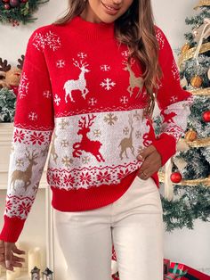 Women's Casual Oversized Reindeer Pattern Long Sleeve Knit Sweater, Autumn/Winter Red Casual  Long Sleeve Knitted Fabric Animal,Christmas Pullovers Slight Stretch  Women Clothing, size features are:Bust: ,Length: ,Sleeve Length: Minimalist Headband, Reindeer Pattern, Purple Headbands, Raglan Sleeve Sweater, Winter Red, Animal Christmas, Sweater Autumn, Thigh High Stockings, Long Sleeve Knit Sweaters