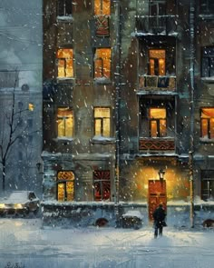 a painting of a man standing in front of a building at night with snow falling on the ground