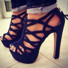 . Black Strappy High Heels, Blue High Heels, Chunky Heel Sandals, Strappy High Heels, Chunky Heels Sandals