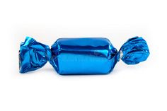 a blue foil wrapped candy bar on a white background