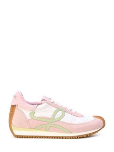 Flow Runner sneakers in pink and white nylon and suede with light green leather details. They feature lace-up closure, embossed Anagram on tongue, Loewe logo printed on heel and beige rubber sole..ITA size. Green Leather, Shoe Collection, Light Green, Womens Sneakers, Lace Up, Women Shoes, Sneakers, Heels, Leather