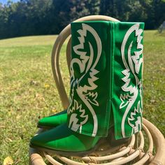 Brand New Gorgeous Green Folded Over Mid-Calf Cowgirl Boot With White Western Detailing All Over The Shaft Of The Boot. These Are The Perfect Modern Twist On The Classic Western Cowgirl Boot. Size 8 These Have Never Been Worn, I Ordered Them Online And Sadly They Weren’t My Size Summer Green Boots With Round Toe, Green Round Toe Summer Boots, Green Leather Summer Boots, Green Leather Boots For Summer, Green Ankle Boots For Spring, Green Western Boots With Pointed Toe, Green Pointed Toe Western Boots, Fitted Green Boots For Spring, Cowgirl Boot