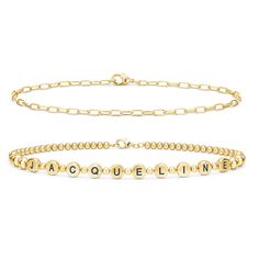 Fabulous Look…Fabulous Value…Fabulous Offer. Gleaming 14kt gold-plated beaded bracelet engraved with your name!An elevated and chic friendship-style bracelet.Supple drape and enticing shimmer – that’s luxury that lasts.BONUS: Matching 14kt gold-plated paperclip-link bracelet, a $79 value, included FREE!Fashion favorites worn separately or layered, celebrating connections. Gold Beaded Name Bracelet, Gold Name Bracelet With Letter Beads, Gold Charm Bracelet With Letter Beads, Military Jewelry, Morganite Jewelry, Pearl And Diamond Necklace, Romantic Gifts For Her, Peridot Jewelry, Daughter Jewelry