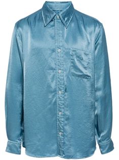 sky blue satin finish classic collar front button fastening appliqué detail long sleeves buttoned cuffs curved hem Satin Shirt, Blue Satin, Satin Finish, Sky Blue, Top Brands, Long Sleeves, Mens Shirts, Satin, Luxury Fashion