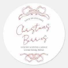 a round christmas bauble label with the words, your brand here and a bow on it