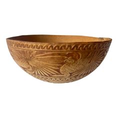 Vintage 1970's Mexican jackfruit gourd bowl, hand carved with animal motifs on outer surface, Interior has a natural surface.. This piece was likely given as a wedding or birthday gift, the date of 15th of April 1973 is carved into the design.  Natural containers used for thousands of years in Mexico, carved gourds are a unique form of Mexican folk art. Some simple gourds serve as bowls and utensils, while others are transformed into rattles or intricately carved decorative objects. In parts of Oaxaca, Mixtec Indians carve ornamental gourds. Craftspeople carve gourd bowls from the rind of the fruit of the calabash tree (Crescentia cujete), which grows in the coastal areas of Guerrero and Oaxaca. Gourds are left to dry and then cut in half and placed in water until the interior rots. The ha Ornamental Gourds, Calabash Tree, Gourd Bowls, Carved Gourds, Gourd Bowl, Bowl Sculpture, Animal Motifs, Mexican Folk Art, Rattles