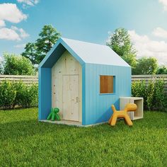 there is a small blue shed in the yard with a yellow dog statue next to it