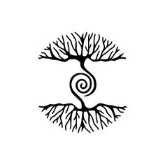 a black and white drawing of a tree with its roots in the shape of a spiral