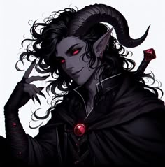 an illustration of a male demon with horns on his head and long black curly hair