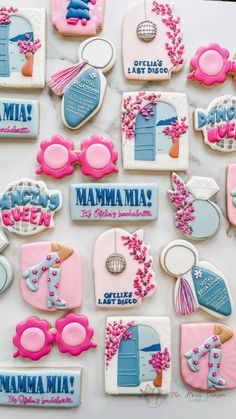 Mamma Mia Bright Sugar Cookies Mamma Mia Biscuits, Mama Mia First Birthday, Mamma Mia Cookies Bachelorette, Mama Mia Themed Cookies, Mamma Mia Bday Party Ideas, Mamma Mia Theme Grad Party, Blue Disco Bachelorette Party, Mama Mia Kitchen Tea, Greece Bachelorette Party Theme