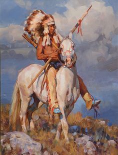 an oil painting of a native american man on a white horse with feathers and arrows