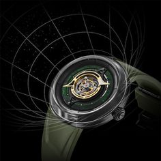 the watch is designed to look like it has green and gold details on its face