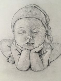 a drawing of a sleeping baby wearing a knitted hat and holding his hands on his chest