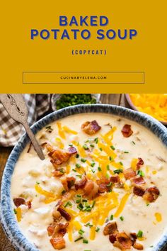 baked potato soup with bacon and cheese in a blue bowl