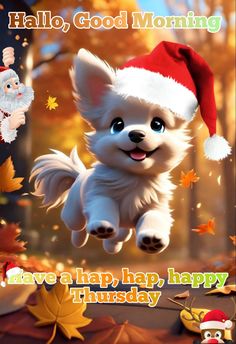 a white dog wearing a santa hat is flying through the air