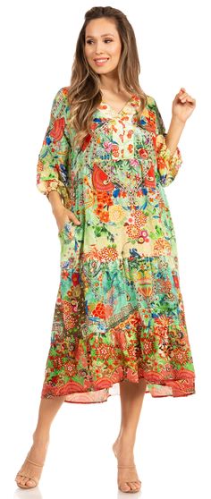 Sakkas Women's Casual Boho Floral Print V-Neck Swing Long Sleeve Dress Midi Product Description S/M: Bust 42" (107 cm), Length 44" (112 cm). US 0-14, EU 30-44, UK 4-18. L/XL: Bust 46" (117 cm), Length 46" (117 cm). US 0-18W, EU 30-48, UK 4-22. 3/4 sleeves, pullover Summer, travel, event, wedding, work. Colorful and easy to wear 100% Polyester Follow care instructions to have this lovely garment last you and preserve colors. Gentle cycle or Hand wash cold. Hang dry. Do not bleach. MANY WAYS TO ST Floral Dresses With Sleeves, Unique Dress, Ruffles Fashion, Bohemian Look, V Neck Midi Dress, Dress With Long Sleeves, Fashion Inspiration Design, Basic Dress, Versatile Dresses