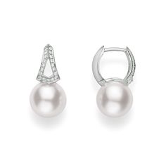 Shapely and sparkling are two words that aptly describe these pearl and diamond hoop earrings from Mikimoto. Crafted in 18K white gold, they feature an 8mm Akoya pearl at the end of a gemstone-embellished elongated triangle. These elegant Mikimoto earrings are a modern classic with a forward-looking design that is ideal for today's forward-thinking women! Diamond White Akoya Pearl Earrings, Exquisite White Akoya Pearl Earrings, Mikimoto Pearls Earrings Diamonds, Mikimoto Earrings, Mikimoto Pearls Necklace, Sea Earrings, Akoya Pearl Earrings, Mikimoto Pearls, Pearl And Diamond Earrings