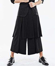 Dark Black Men's Pleats Wrap Skirt // Wear it with Drop Crotch Pants – Ofelya Boutique Black Pleated Pants For Work, Black Wide-leg Pleated Pants, Black Wide Leg Pleated Pants, Tailored Black Cotton Pants, Black Pleated Bottoms For Workwear, Black Pleated Full-length Bottoms, Spring Black Bottoms With Accordion Pleats, Black Pleated Pants For Spring, Black Pleated Full-length Pants