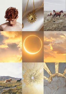 a collage of pictures with horses, sun and sky in the background as well as photoshopped images