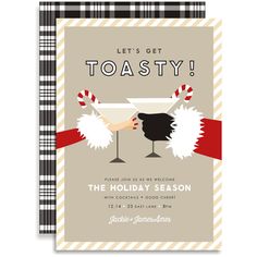 a holiday party card with two wine glasses and pom - poms on it