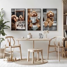 three pictures of dogs sitting at a table with coffee cups in front of them,