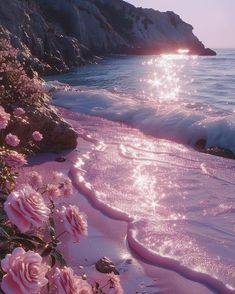 the sun shines brightly in front of pink flowers on the beach near the ocean