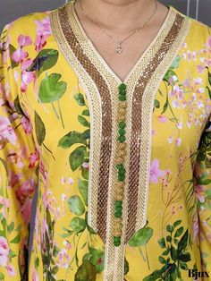 Bjux - Chic Floral Print Kaftan: Sophisticated Long Sleeve Maxi Dress for Womens Fashion Elegant Floral Print Tunic Kurta, Fitted V-neck Kaftan For Festive Occasions, Elegant Yellow Silk Kaftan, Festive Spring V-neck Kurta, Elegant Silk Kurta With Floral Print, Elegant Floral Print Kaftan For Festive Occasions, Elegant Fitted Floral Print Kurta, Elegant Long Sleeve Printed Kaftan, Elegant Yellow Kaftan For Festive Occasions