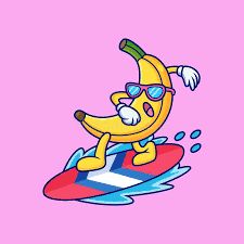 a cartoon banana surfing on a surfboard with sunglasses and an eye patch in the middle