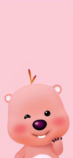 a cartoon bear with a butterfly on its head sitting in front of a pink background