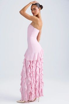 Ruffle-Trim Strapless Gown in Light Pink Asymmetrical Maxi Dress, Ruffle Gown, Cascading Ruffles, Fishtail Skirt, Strapless Gown, Embellished Dress, Side Split, New Arrival Dress, Dance Dresses