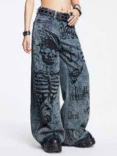 Blue  Collar  Denim Halloween,Letter Wide Leg Embellished Non-Stretch  Women Clothing Skull Painted Jeans, Punk Painted Jeans, Jeans Painting Ideas, Clothes From Shein, Gothic Jeans, Jean Diy, Punk Jeans