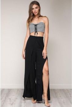 High Waist Wide Leg Pants With Front Slits - Bottoms Casual Split Hem Bottoms For Party, Casual Party Bottoms With Split Hem, Black Full-length Pants With Side Slits, Trendy Split Bottoms For Party, Chic Black Pants With Side Slits, Fitted Split Pants For Night Out, Trendy Party Bottoms With Split Design, Trendy Party Bottoms With Split, Wide Leg Bottoms With Side Slits For Night Out