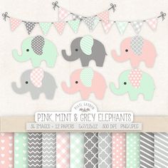 pink, mint and grey elephant clipart set