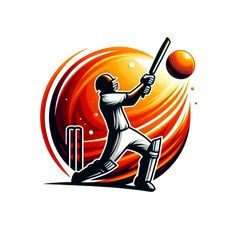 a cricket player hitting the ball with his bat on an orange and red swirl background