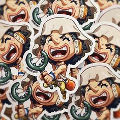 several stickers with cartoon characters on them in the shape of pirate faces and hands