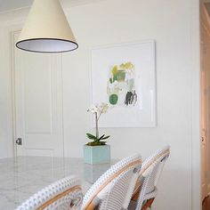 a dining room table with chairs and a potted plant