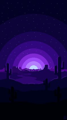 the night sky is filled with stars and purple hues, as well as some cacti