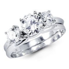 14k White Gold Three Stone Cz Wedding Ring Set Weight - 3.47g - 3.8 G Finish - Polished Style - For Her Width (Mm) - 3.5mm Gold Type - 14k White Gold Gemstone - Cubic Zirconia Gemstone Cut - Round Cz Wedding Ring Sets, Cubic Zirconia Wedding Rings, Engagement Ring Pictures, Split Shank Ring, Cz Rings Engagement, Fancy Rings, Diamond Wedding Sets, Pave Engagement Ring, Wedding Ring Set