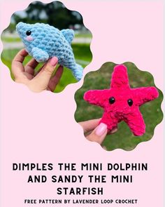 two small crocheted stars are shown in pink and blue, with the caption dimples the mini dolphin and sandy the mini starfish