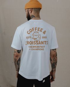 Mens Printed T Shirts Graphic Tees, White Tee Graphic, Screen Printed T Shirt, T Shirt Men Style, Men T Shirt Design Ideas, T-shirt Designs, Coffee T Shirt Design, Coffee Shirt Design, Mens Graphic Tees Prints