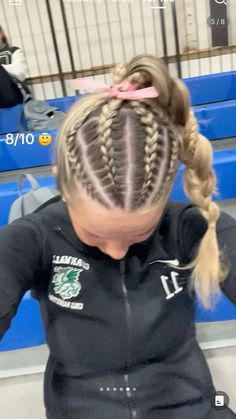 Four Braids Into Ponytail, Fun Track Hairstyles, Braided Hairstyles For Sports Basketball, 4 Braids Into Ponytail, Footy Hairstyles, 4 Braids Into Bun, Braided Sports Hairstyles, Track And Field Hairstyles, Netball Hairstyles