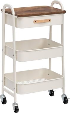 a white rolling cart with two shelves and wheels on the bottom shelf is holding a wooden top