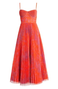 Vibrant flowers adorn a busier-inspired dress crafted in a fit-and-flare silhouette with an elegantly structured bodice and flowy pleated skirt. 55" length Sweetheart neck Adjustable straps Lined 100% polyester Dry clean Imported 70s Inspired Wedding Guest Dress, Interesting Formal Outfits, Pink Toole Dress, Palm Beach Wedding Guest Dress, Texas Chic Dress, Orange Garden Party Dress, Orange Floral Dress Long, Orange Floral Maxi Dress, Pleated Dress Outfit Classy