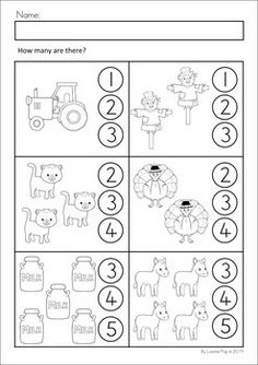 a worksheet with numbers and farm animals